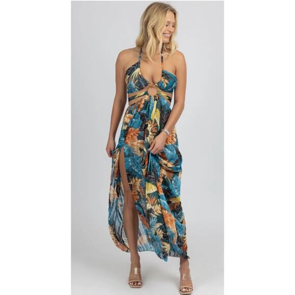 NWT L'ABEYE TEAL TROPICAL HIGH SLIT MAXI COVER UP M ES - Picture 2 of 5